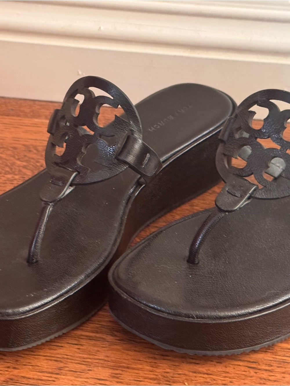 Tory Burch Black Platform Miller Sandals with Logo Medallion